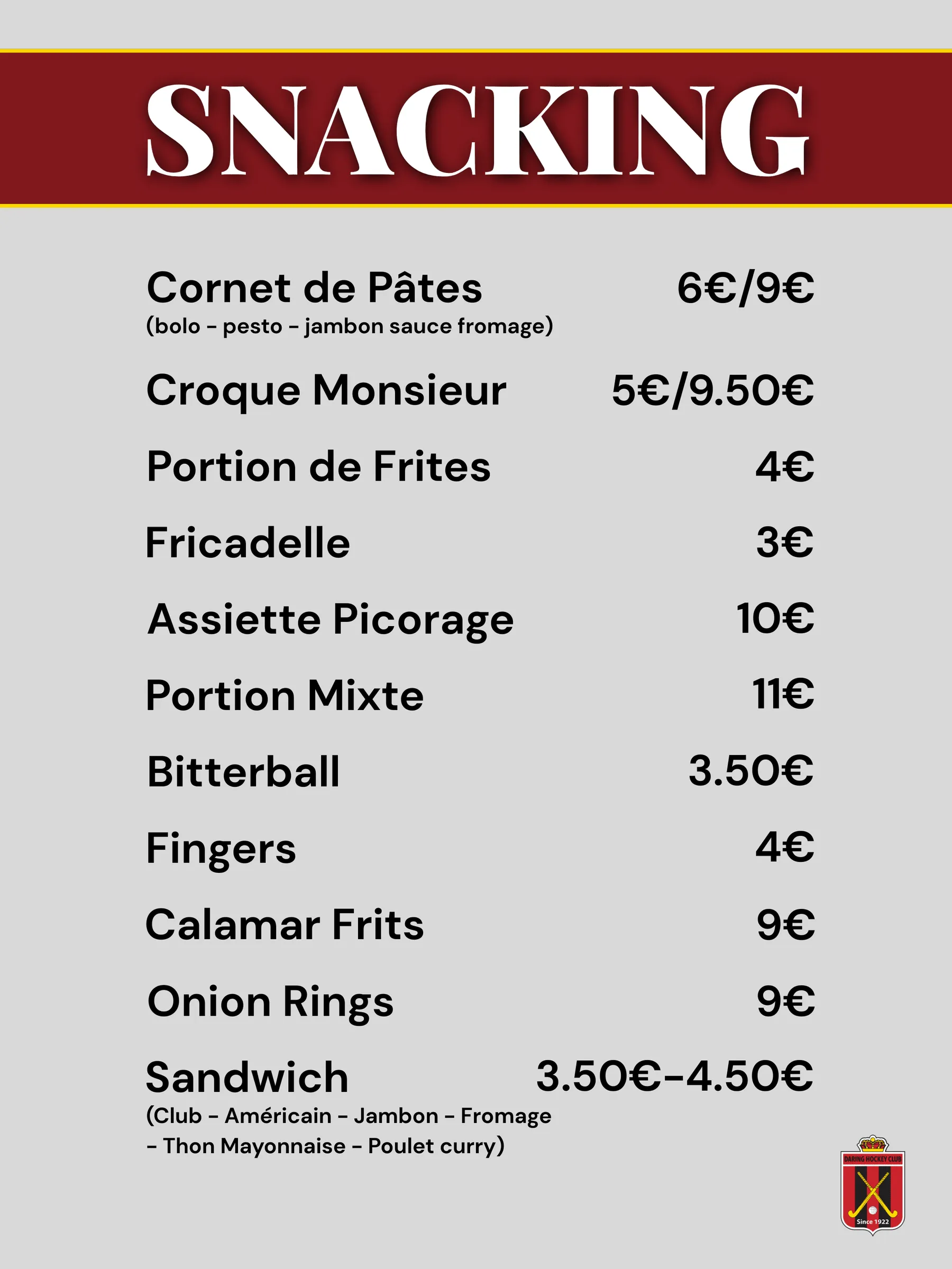 Snack menu